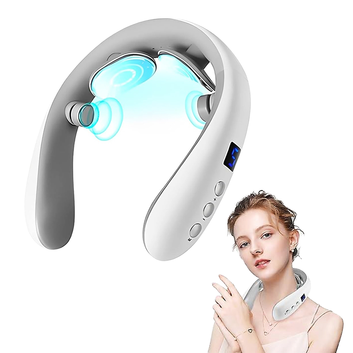 Electric Neck Massager EMS Pulse Rechargeable USB Cervical Traction Therapy Massage Stimulator Pain Relief Heating Function